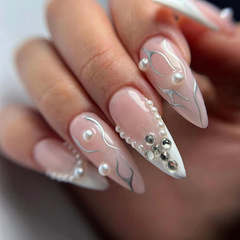 Diamond Almond White French Silver Thread Pearl Stacked Diamond Wearable Nails Western European Instagram Style False Nails Wholesale