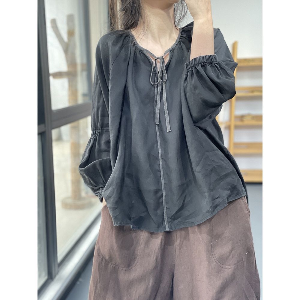 岸外春季新款V领拼接撞色系带宽松显瘦百搭休闲灯笼袖亚麻衬衫女