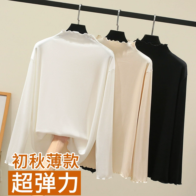 Женская Осенняя новая футболка с длинным рукавом в иностранном стиле больших размеров 300 кг, Базовая рубашка с высоким воротником и коротким воротником, осенне-зимнее внутреннее пальто для полных девочек
