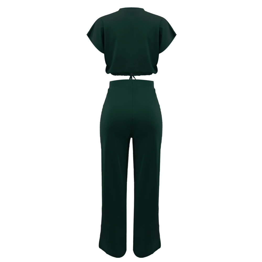 Summer Drawstring Short Top High Waist Slit Women Trousers Two Piece Suit