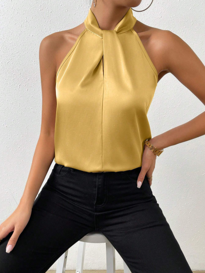2025 verano nuevo estilo de las mujeres europeas y americanas satén cuello halter sin mangas chaleco de seda de imitación satinado top spot al por mayor