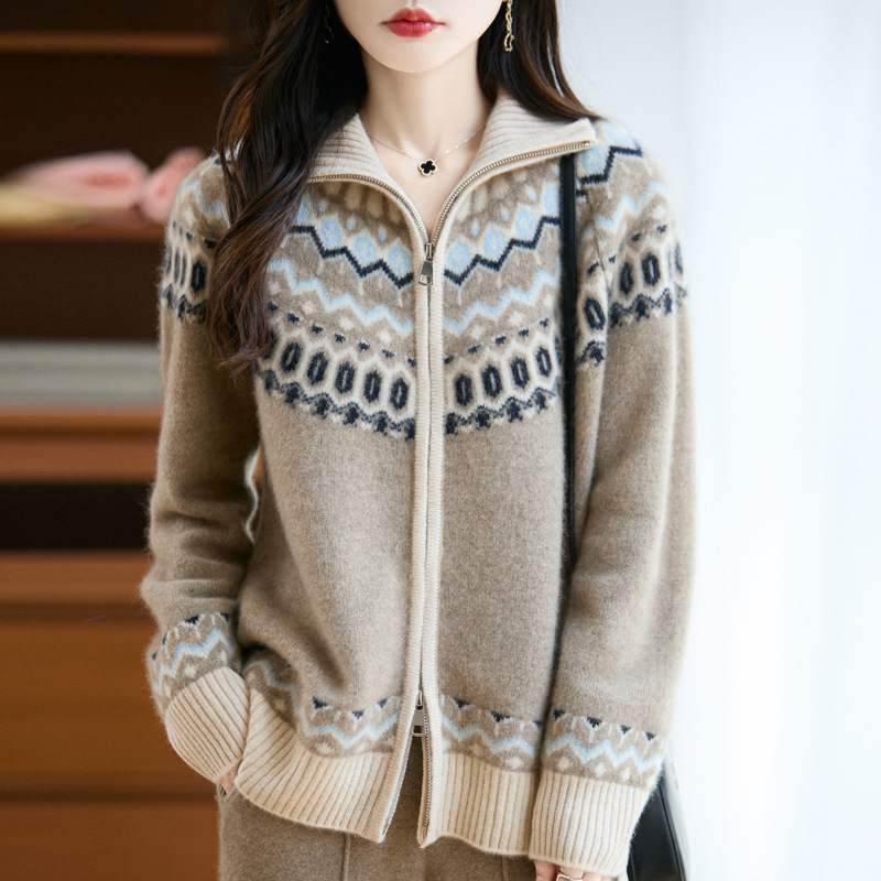 费尔岛提花山羊毛开衫女厚款针织毛衣外套减龄2025秋冬女装上衣新|undefined
