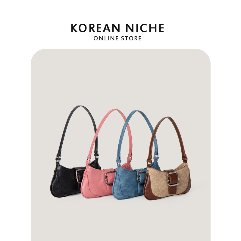 Nuevo bolso de hombro y axila de lona retro con diseño de nicho coreano para mujer, bolso con bloques de colores texturizados, bolso tipo baguette francés.