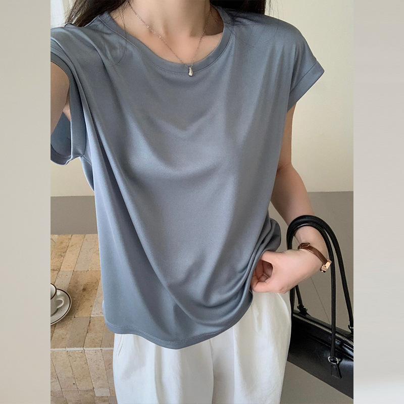 Summer New Style Cool Air-Conditioning Acetate T-Shirt, Refreshing and Silky Short-Sleeve T-Shirt for Women with Cover Sleeves, Top 18754 Silver Color