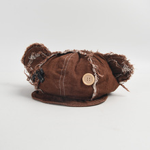 日系复古棕色小熊鸭舌帽女小众设计感显脸小可爱八角报童贝雷帽子