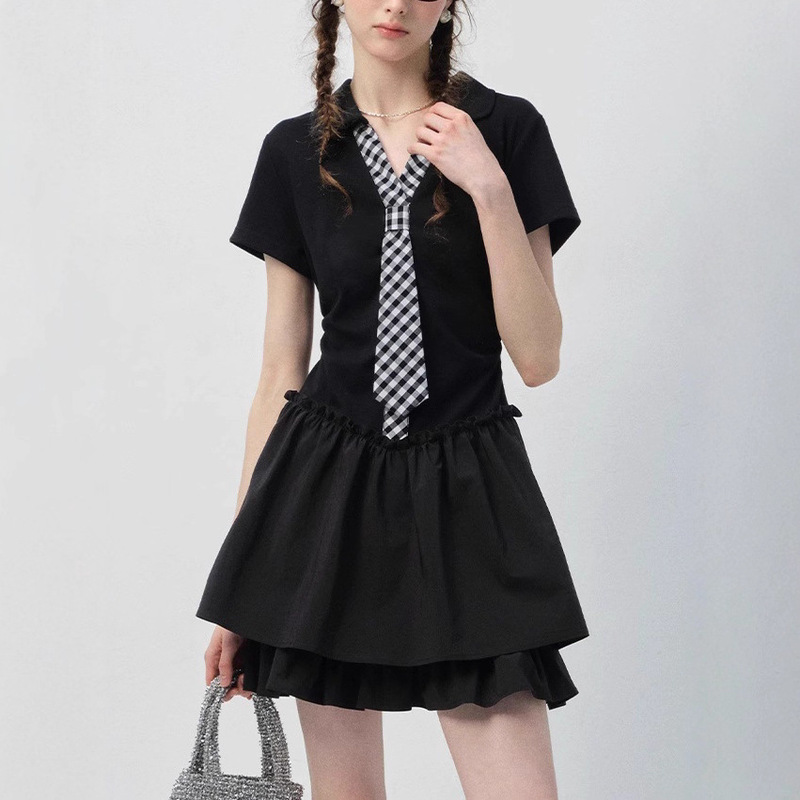 Vega Black Dress for Women 2025 New Summer Preppy Style Pattern Tie Waist Slimming Look Little Black Dress Vega Black Dress for Women 2025 New Summer Preppy Style Pattern Tie Waist Slimming Look Little Black Dress