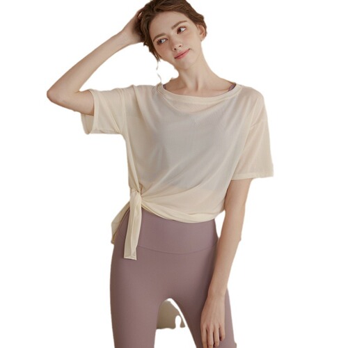Loose and lightweight sports blouse for women, ice silk-like breathable yoga wear, short-sleeved T-shirt tops, quick-drying running fitness clothes