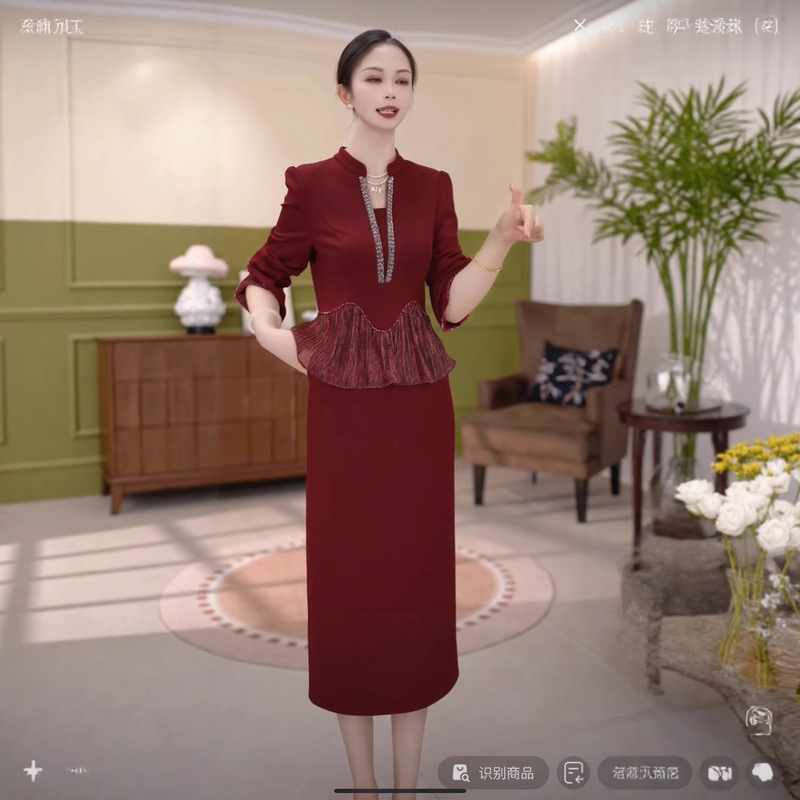 高级色织精纺气质婚宴喜婆婆奢华连衣裙2025秋季新款洋气女礼服裙|undefined