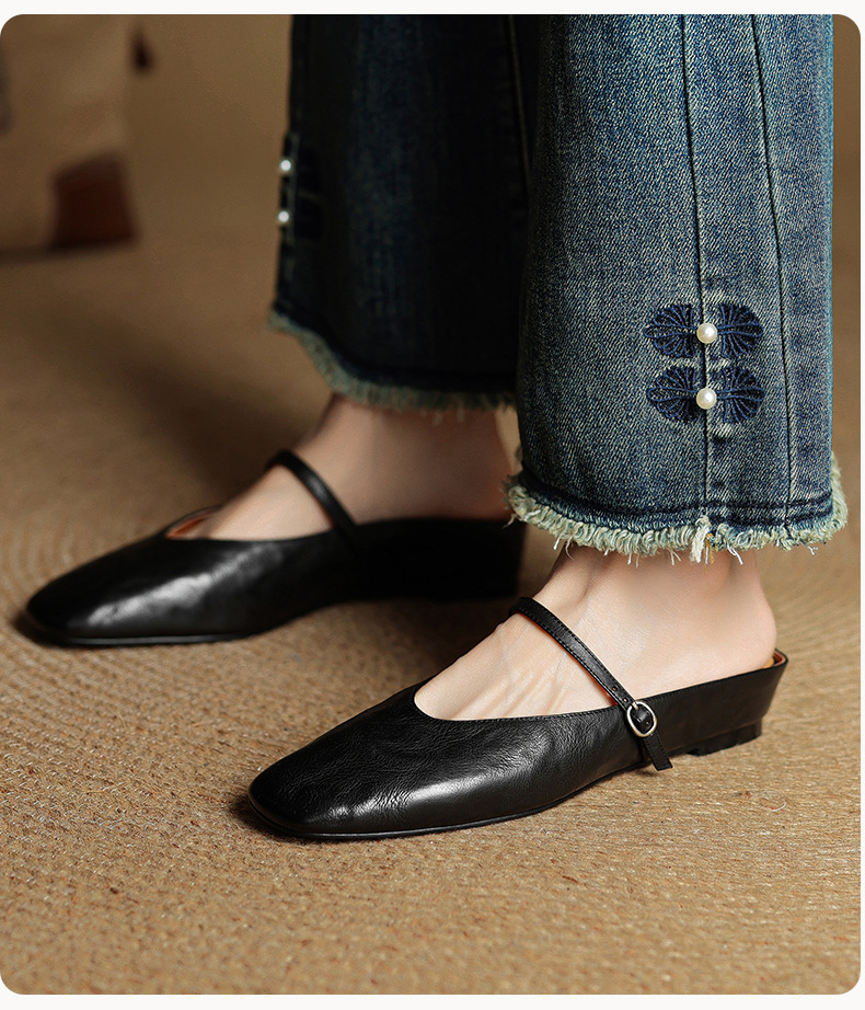 Dép mule nữ da cừu mũi tròn hở gót, gót thấp 4 cm, phong cách thời trang hè — đen chi tiết 13