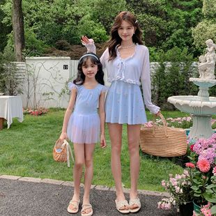 2025 New Korean Style Parent-Child Swimsuit Mother-Daughter One-Piece Skirt with Cover-Up Sun Protection for Girls and Middle-Aged Children Princess Style Outfit