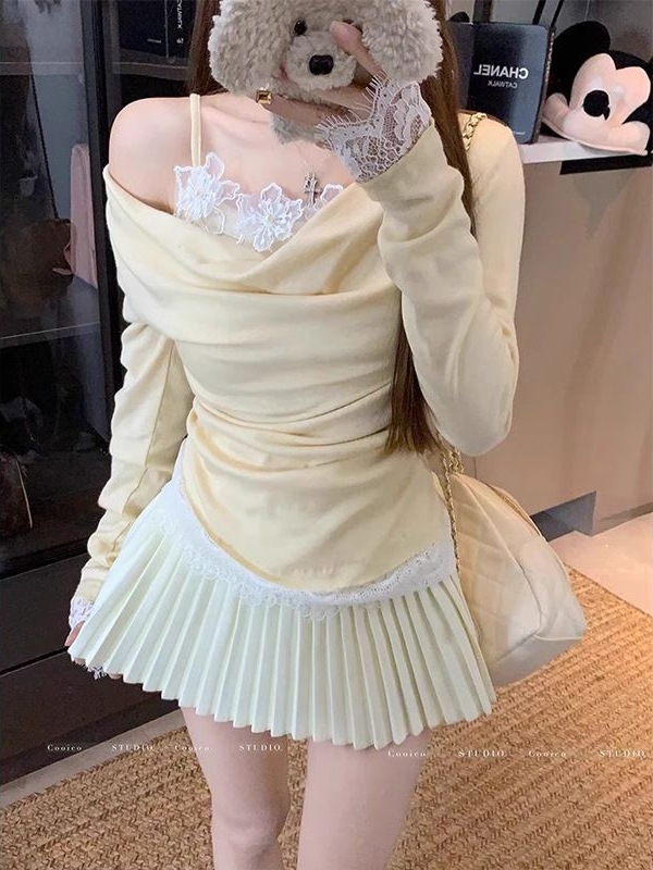 Pure Desire Hot Girl ワンショルダーランジートップ女性の秋と冬の小さな香りの偽ツーピースレースボトムインナー長袖Tシャツ|undefined