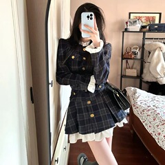 秋季新款韩版时尚修身显瘦法式荷叶边名媛高级感立领金扣连衣裙女