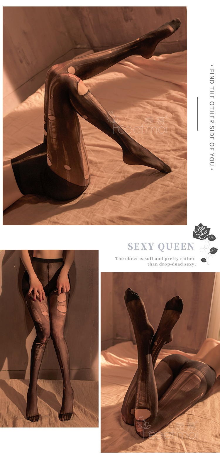 Feimu Women’s Open-Crotch Sheer Stockings, Long Tube Black Hosiery, One Size — detail image 34
