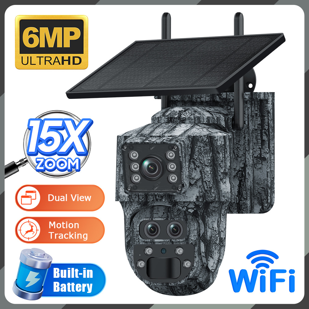 Cross-Border New Camouflage Solar Camera with Triple Lens, 15X Zoom, 6Mp High-Definition Dual-Screen Wifi Monitoring