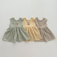 Korean version Ins children's dress summer girl's waistcoat small bear striped backless dress for young children princess dress