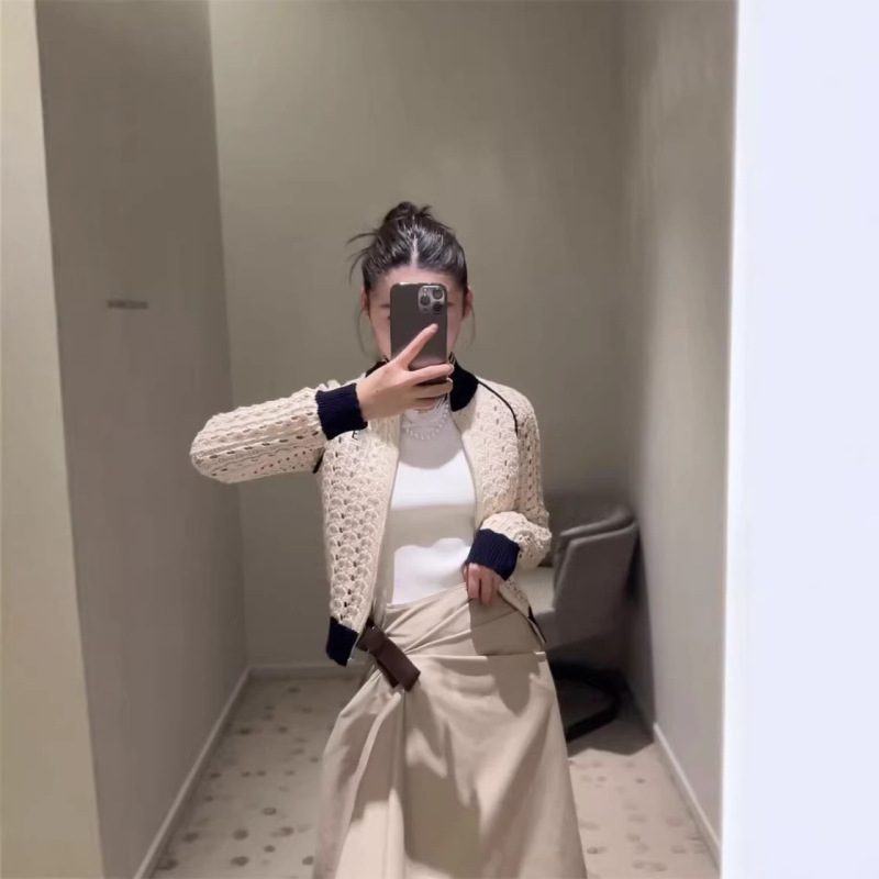 2026 Early Spring New Style Nanyou Miu Sweet Girly Style Zipper Patchwork Contrasting Color Stand Collar Hollow Knit Cardigan for Women 2026 Early Spring New Style Nanyou Miu Sweet Girly Style Zipper Patchwork Contrasting Color Stand Collar Hollow Knit Cardigan for Women