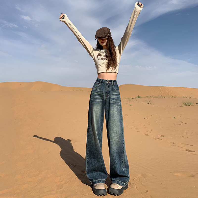 Heavy Craft Washing Water Double Core Super Soft Siro Spinning Vintage Blue Wide Leg Pants American Style Hot Girl Loose Straight Jeans for Women