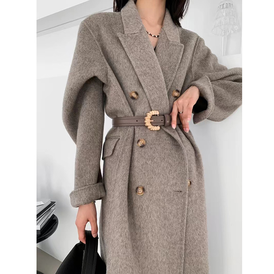 秋冬新款韩国双面羊绒羊毛呢大衣西装领双排扣长款气质简约女外套