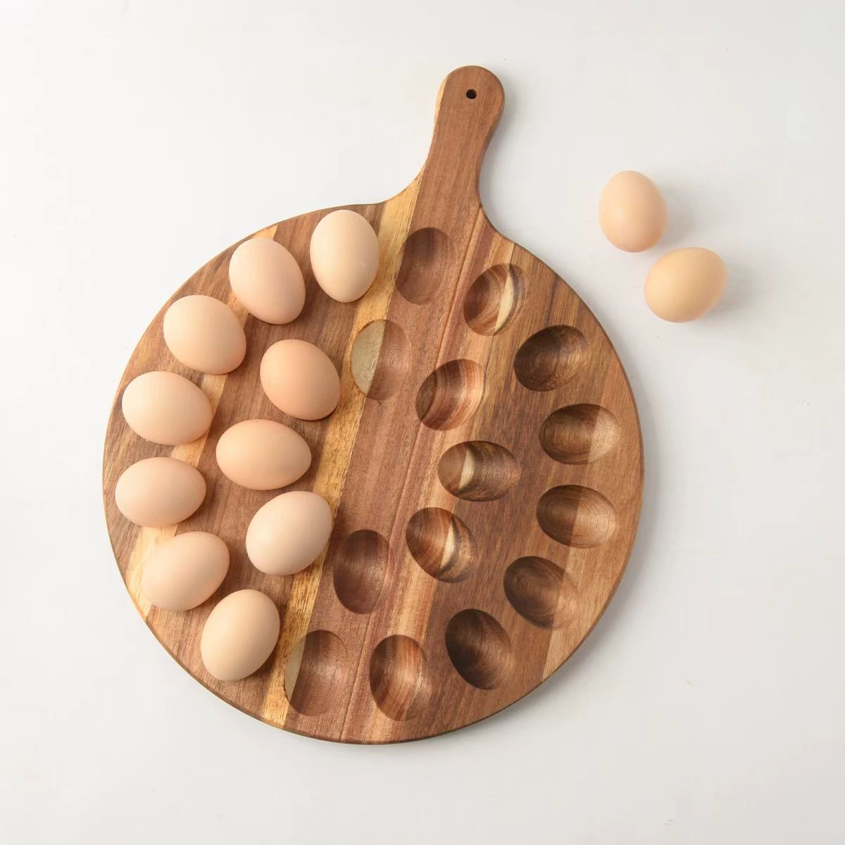 Nuevo huevo de madera dividido bandeja de almacenamiento de huevos fija redonda cocina de almacenamiento de huevos bandeja de exhibición