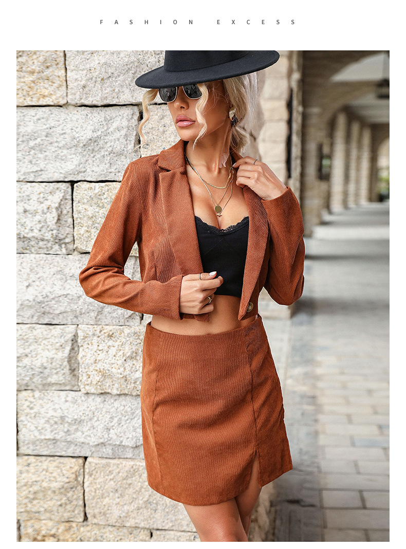 Mode Damenbekleidung neues zweiteiliges Set aus einfarbigem Cord-Anzugrock_voghion.com