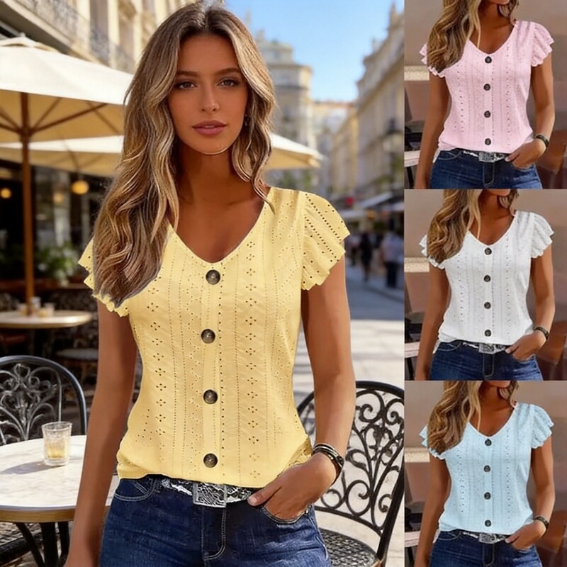 2026 Spring/Summer European and American Cross-Border Amazon Independent Site New Women's Hollow-Out V-Neck Solid Color Ruffle Sleeve Casual T-Shirt