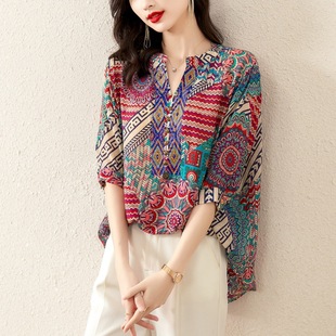 New Product Real Shot 2025 Summer Age-Reducing Printed Large Size Women's Heavy Industry Hot Diamond V Neck Short-Sleeved Tencel Cotton Shirt Sun Protection