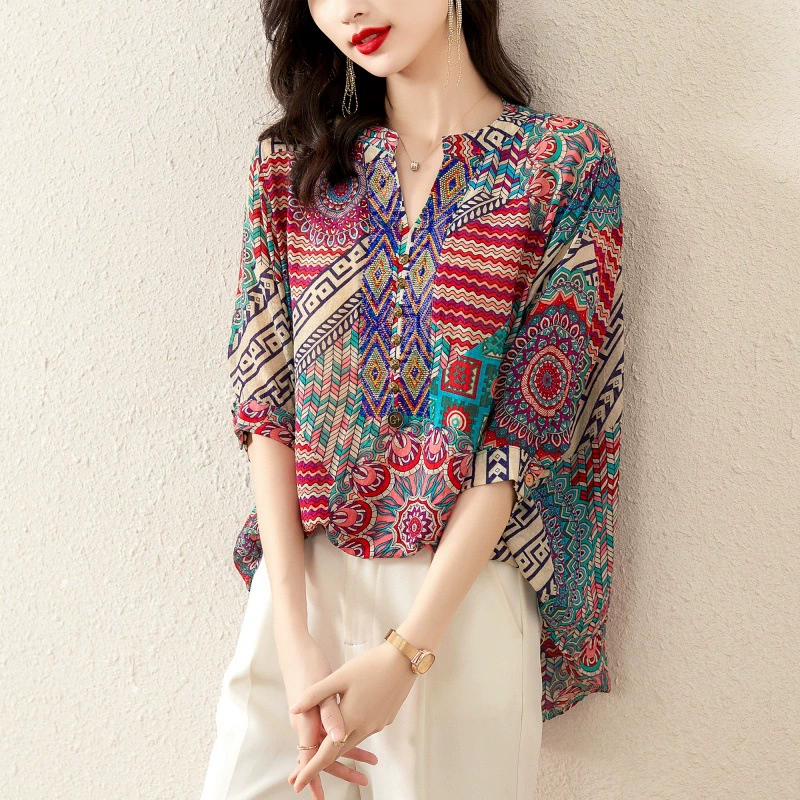 Новый продукт, настоящий снимок 2025 года, летняя возрастная хлопковая рубашка большого размера с принтом для тяжелой промышленности, горячий бриллиант, v-образный вырез, тенсель, с короткими рукавами, защита от солнца