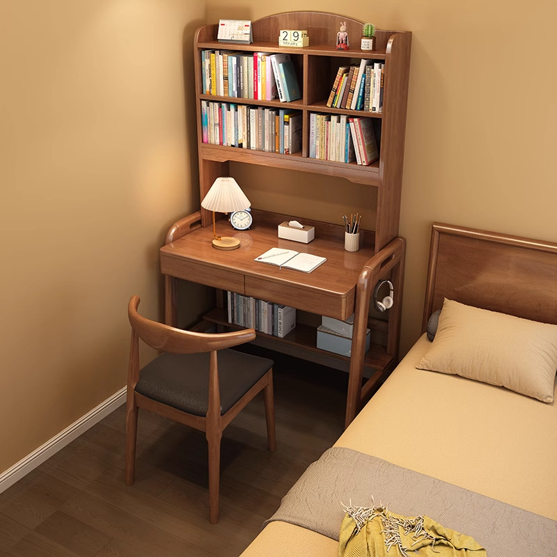 Solid Wood Desk and Bookshelf Integrated Table Modern Home Student Computer Desk Small Apartment Bedroom Adjustable Writing Desk for Children