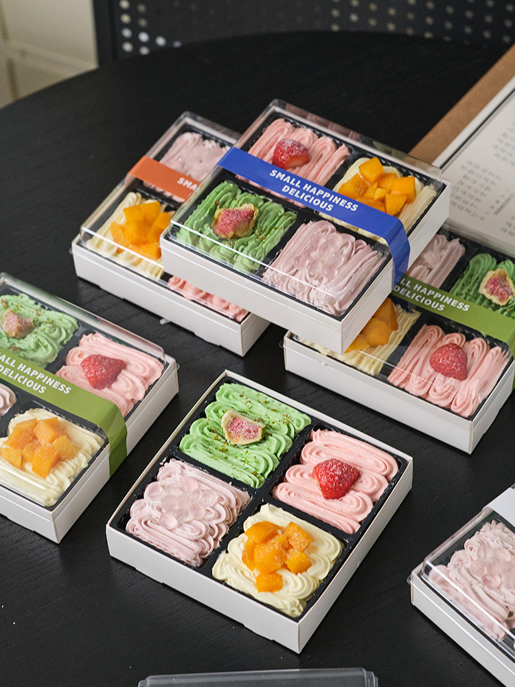 Caja de pastel feliz, caja de postre, Tilamisu, pequeño paquete de horneado de frutas de cuatro Gongge, un solo uso