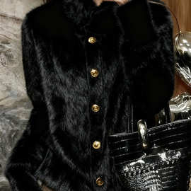 黑色轻奢贵气高领针织开衫女2025冬季新款长袖金扣高级感毛绒外套