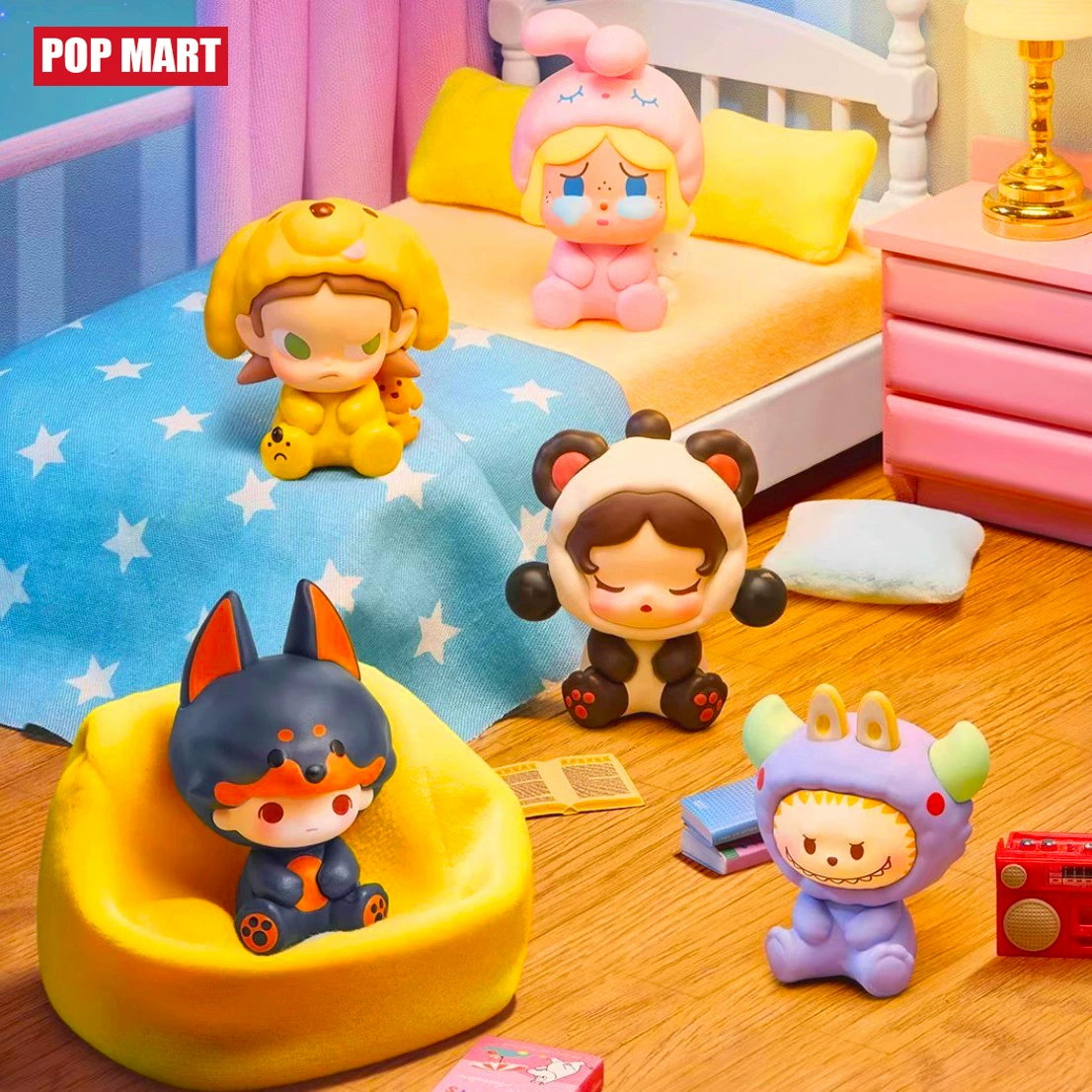 Blind box collectible figures (Pop Mart), assorted mini vinyl toys, pajama & flocked series