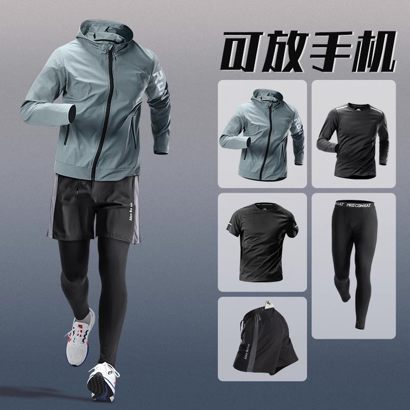 Trajes de carreras para hombres, entrenamiento de primavera de secado rápido, ciclismo, gimnasio, ropa deportiva, equipo de cinco piezas