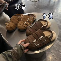 2025年秋季新款磨砂金属扣大头羊羔毛毛鞋包头半拖鞋博肯鞋女鞋