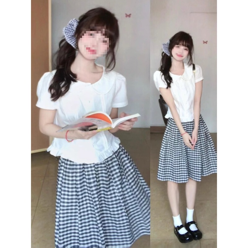 S002+K004 # Casual Sportswear Suit Top and Skirt for Women Summer Student Short-Sleeved Skirt Two-Piece Set Plaid