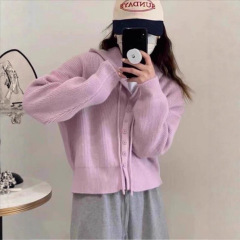 韩系慵懒复古小个子高腰短款连帽毛衣外套女秋季新款百搭针织开衫
