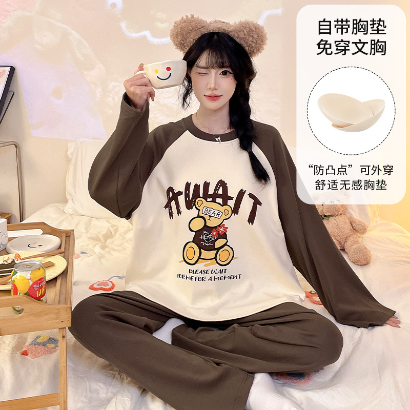 Pajamas for Women with Padded Long-Sleeved Pants for Women Without Bra Korean Style Cartoon Two-Piece Pajamas Home Clothes Autumn and Winter