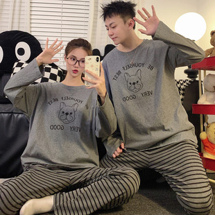 Couple Pajamas Cotton Spring and Autumn Long-sleeved suit Style Dou Cartoon Striped Casual Men's and Women's Cotton Home Clothes Two-piece Set