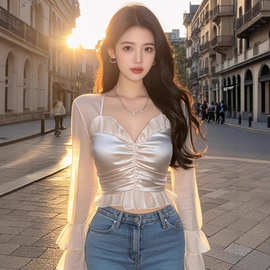 TZ5789性感辣妹V领网纱木耳边长袖衬衫女气质御姐范修身短款上衣