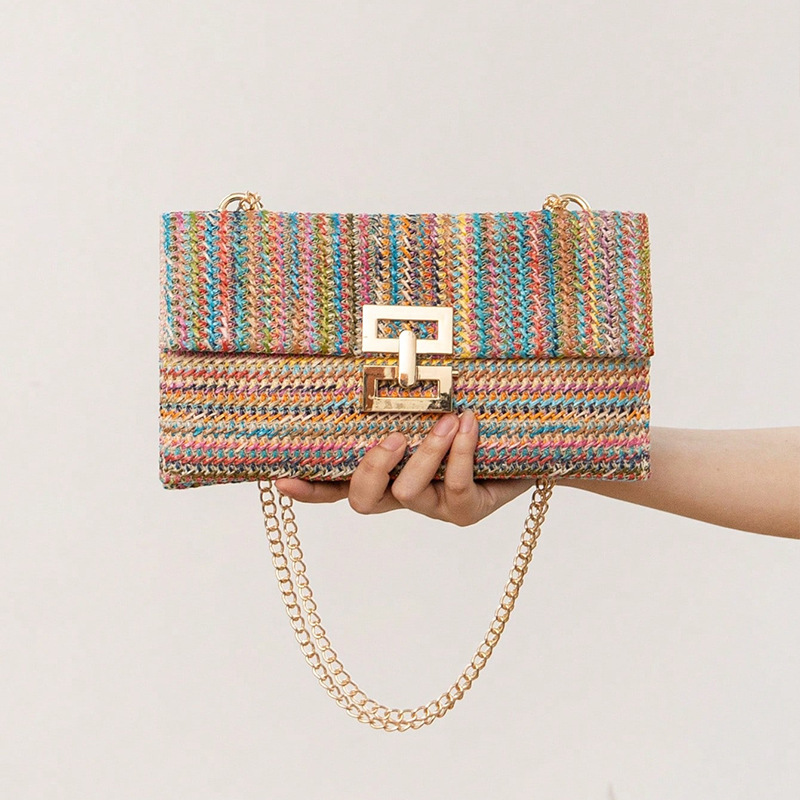 2025 New Vacation Style Multi-Compartment Chain Flap Twist Lock Straw Woven Shoulder Cross-Border Women's Bag_voghion.com
