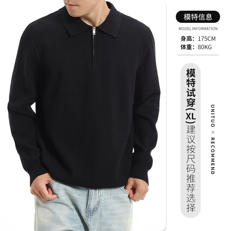 Otoño y invierno de alta calidad polo de punto de manga larga hombre con solapa de negocios medio cremallera de moda suéter de piña estadounidense