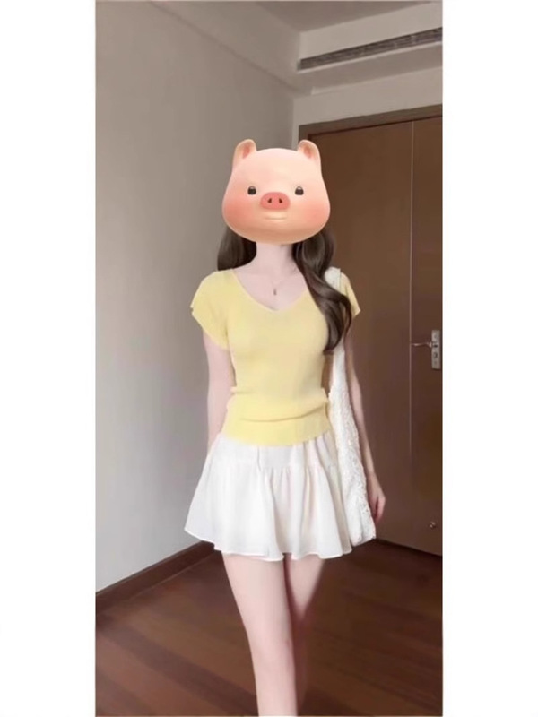 セクシーな純粋な欲望の気質 V ネックショートスリーブ Tシャツ女性の夏の新しいウエスト痩身ショートホットガールニットトップ|undefined