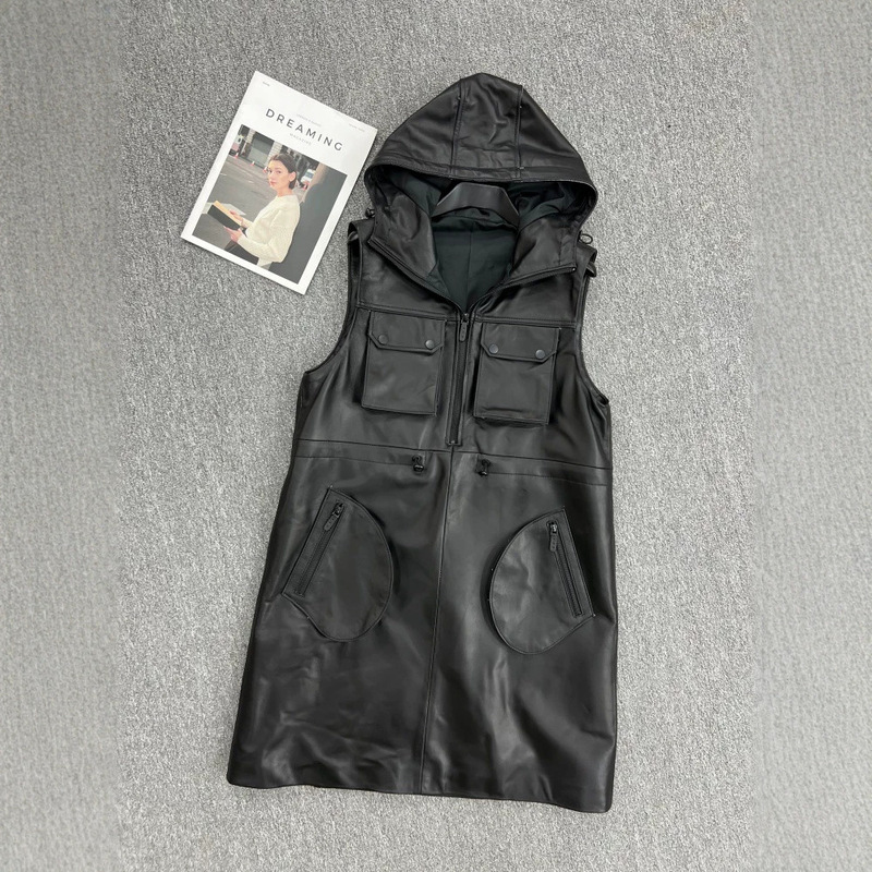 Trendy workwear-style genuine leather hooded vest dress for women, 2026 autumn new collection, casual and versatile long dress, leather skirt, fashionable Trendy workwear-style genuine leather hooded vest dress for women, 2026 autumn new collection, casual and versatile long dress, leather skirt, fashionable