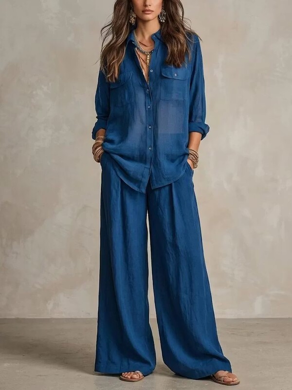 2026 European and American Cross-Border Hot-Selling Linen Set, Breathable Lightweight Long-Sleeve Shirt, Drapey Wide-Leg Pants, Vacation Style Women's Clothing 2026 European and American Cross-Border Hot-Selling Linen Set, Breathable Lightweight Long-Sleeve Shirt, Drapey Wide-Leg Pants, Vacation Style Women's Clothing