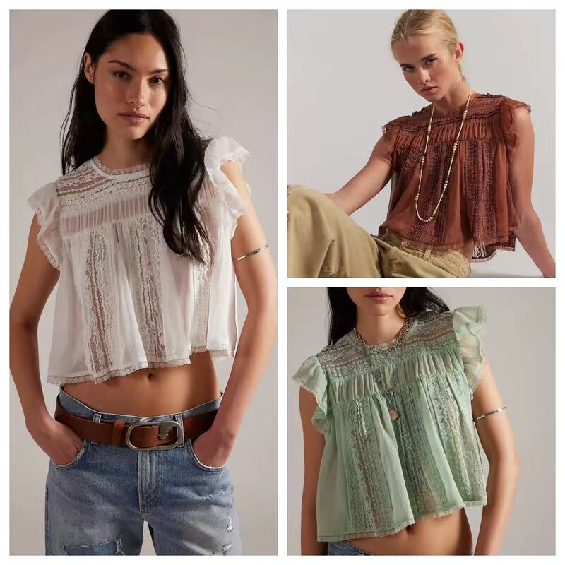 French-Style Niche 26Th Spring/Summer New Lace Patchwork Ruffle Puff Sleeve Sweet Babydoll Shirt Blouse for Women French-Style Niche 26Th Spring/Summer New Lace Patchwork Ruffle Puff Sleeve Sweet Babydoll Shirt Blouse for Women