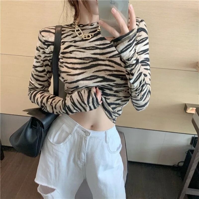 All-Match Cool Street Style Zebra Sweater New Style Western Style Slim Round Neck Short Navel Hot Girl Top