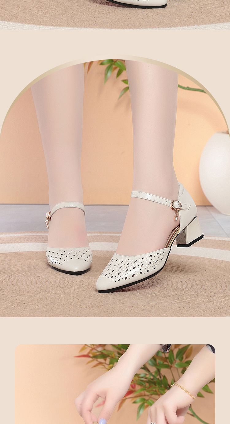 Sandal cao gót nữ mũi hở da thật phong cách cổ điển — màu đen chi tiết 11