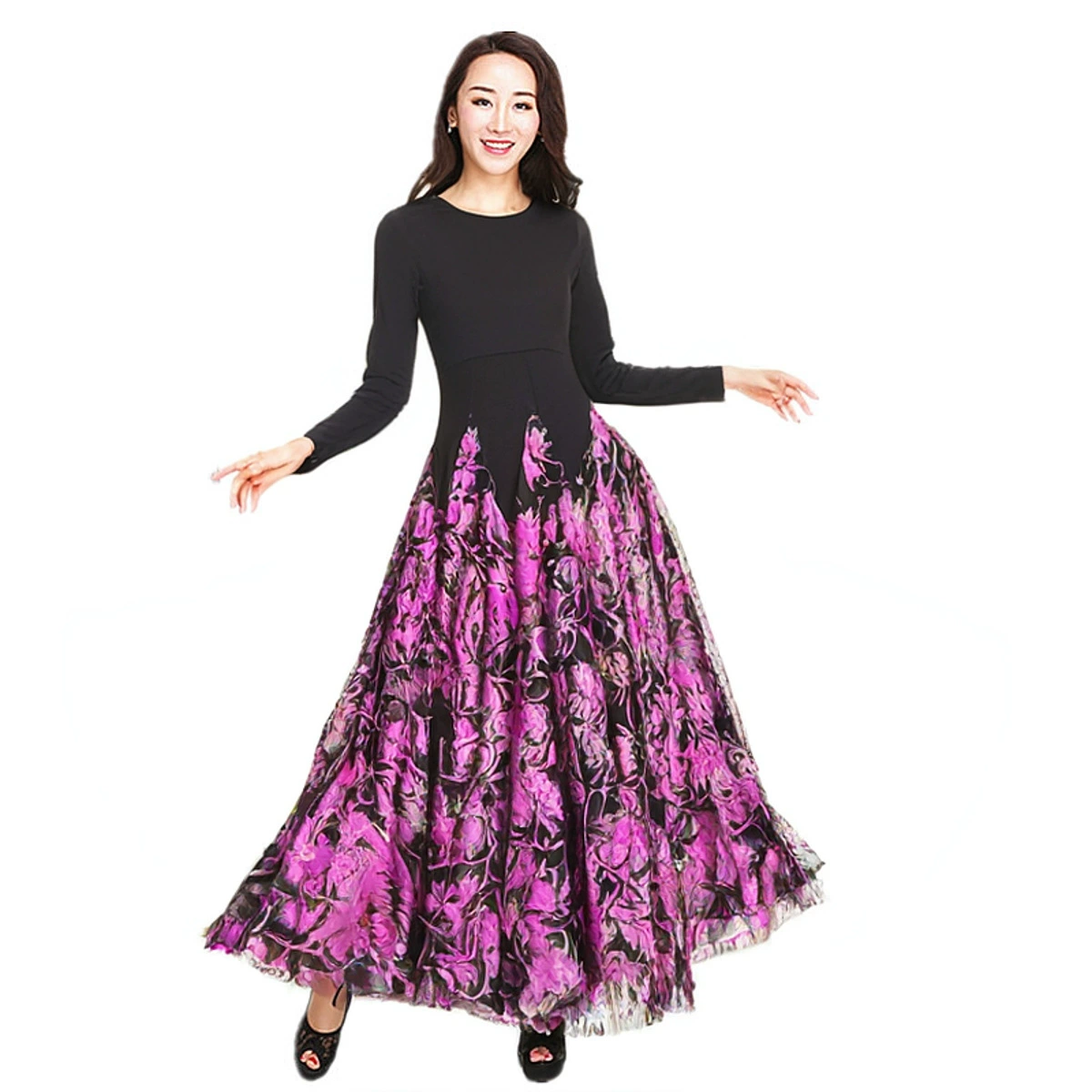 Новое платье современного танца платье платье большой качели платье с длинными рукавами