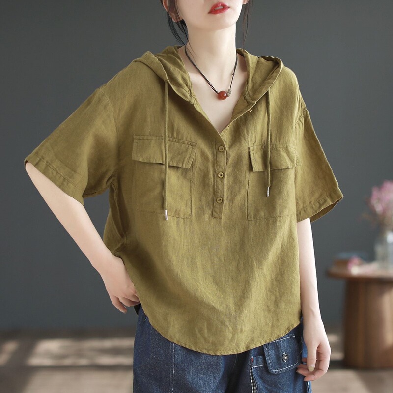Vintage-Style Cotton and Linen Hooded Solid Color Short-Sleeve Shirt for Women, Drop Shoulder, Button-Up, Loose Casual T-Shirt Top