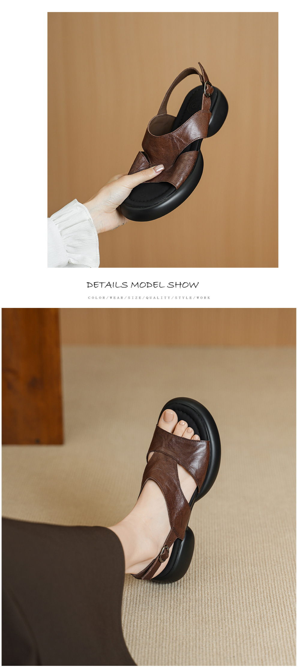 Sandal nữ hở mũi đế dày 4 cm da cừu quai chữ T khóa — màu nâu chi tiết 7