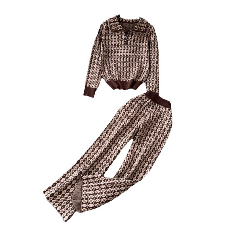 Women's Clothing Fashion suits casual lapel knitted sweater wide leg pants knitted two piece suit_voghion.com